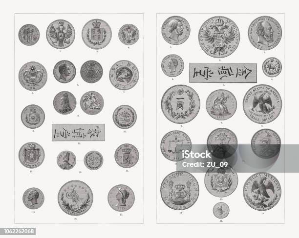 International Gold And Silver Coins 19th Century Woodcuts Published 1897 Stock Illustration - Download Image Now