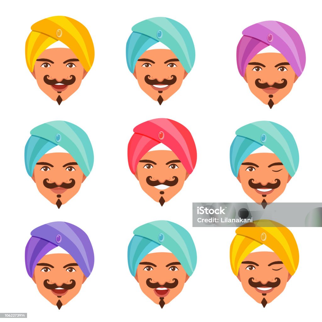 Set Of Avatars Cartoon Style Genie Heads Men Arabic Face With Smile Wink  Mustache Beard Stock Illustration - Download Image Now - iStock