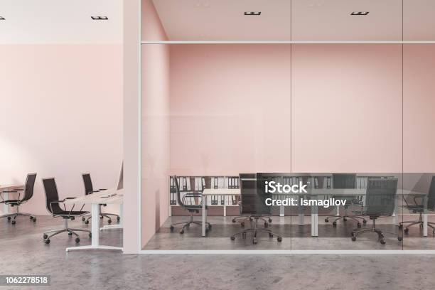 Pink And Glass Wall Meeting Room Interior Stock Photo - Download Image Now - Corporate Business, Business, Chair