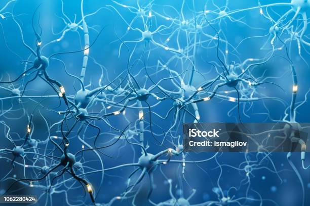 Blue Neurons With Glowing Segments Over Blue Stock Photo - Download Image Now - Abstract, Art, Beauty