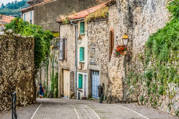cobbled street of villa Foix village near the navarre pyrenees. ariege france