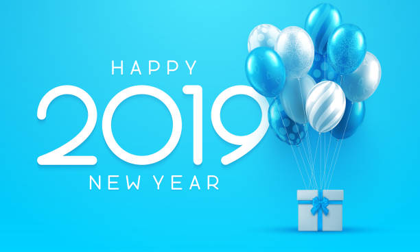 istock Happy New Year 2019 greeting card with gift and balloons. 1062286050