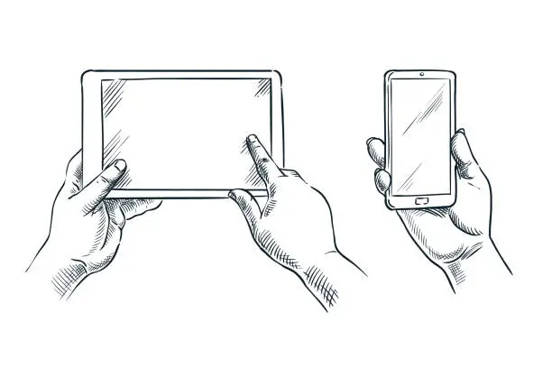 Vector illustration of Hands hold smartphone and tablet, vector sketch illustration. Mobile phone empty screen. Business communications concept