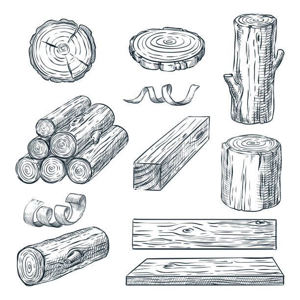 ilustraciones, imágenes clip art, dibujos animados e iconos de stock de registros de madera, el tronco y tablones, ilustración de dibujo de vectores. materiales de madera hechos a mano. conjunto de leña - virutas