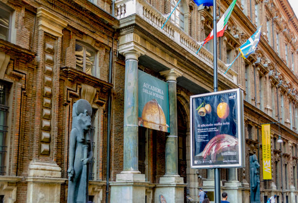 Street view in front of the Egyptian Museum ( Turin, Piedmont, Italy). stock photo