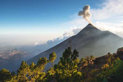 A mild eruption of the Fuego volcano outside Antigua, Guatemala taken at sunset from Acatenango volcano.