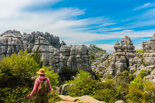 Torcal de Antequera, Spain - 5/10/18: The rocks unique shape is due to erosion that occurred 150 million years ago during the Jurassic age, when the whole mountain was under sea water