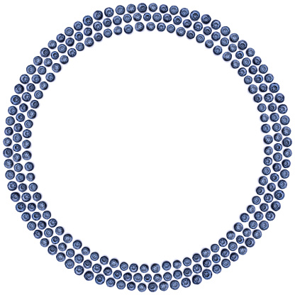 Round frame of blueberries on white background.