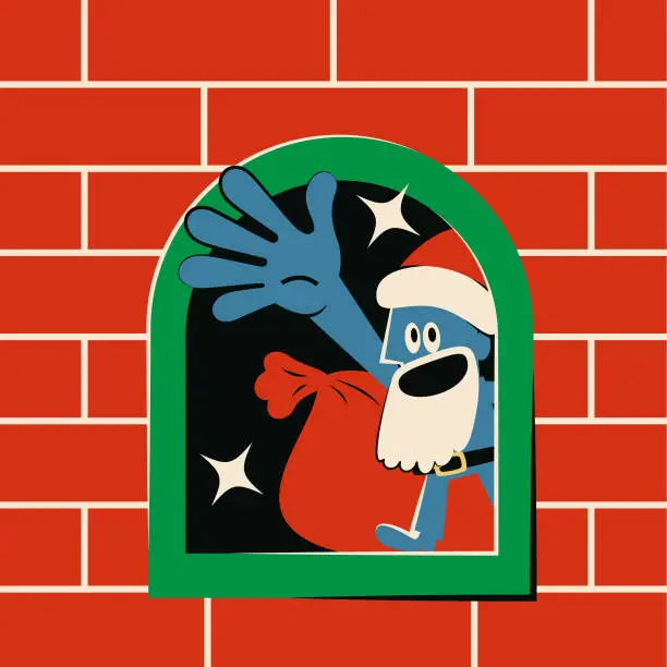 Vector illustration of Cute blue Santa Claus greeting inside of brick wall fireplace