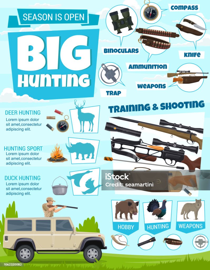 Hunter ammunition. Bird and animal hunting Vector duck bird and deer animal, hunter gun and cartridge belt, shotgun and rifle, ammunition, weapons and knife, compass, binoculars and trap. Hunting sport club, training and shooting course Gun stock vector
