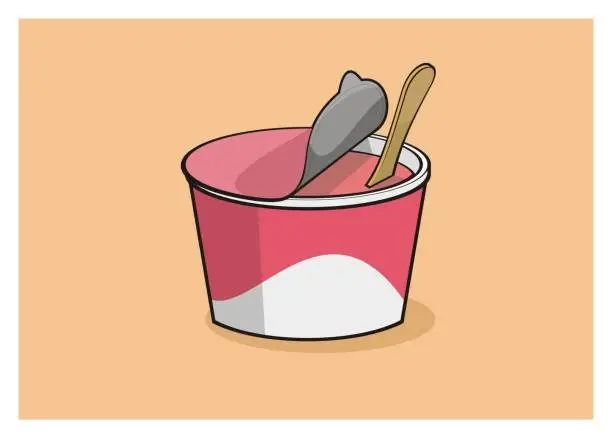 Vector illustration of ice cream cup with wooden spoon, simple illustration