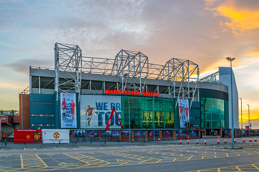 Manchester, UK, April 11, 2017: Old trafford stadium of Manchester United during sunset, England