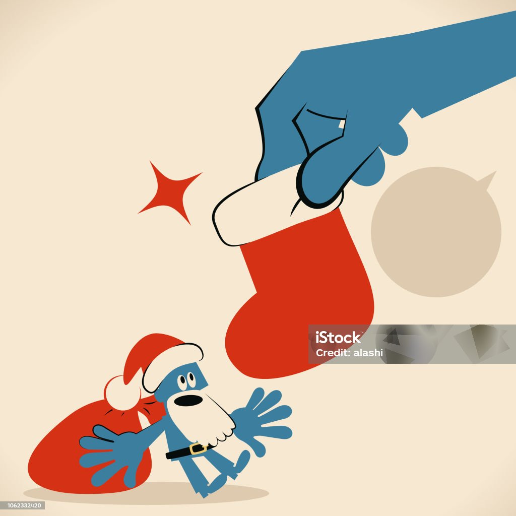 Cute blue Santa Claus and big hand with christmas stocking Blue Little Guy Characters Full Length Vector art illustration.Copy Space.
Cute blue Santa Claus and big hand with christmas stocking. Problems stock vector