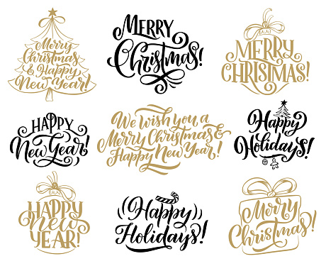 Merry Christmas and Happy New Year hand drawn lettering. Winter holiday greeting wishes calligraphy, decorated with Christmas tree, Xmas gift and ball. Greeting card and label embellishment