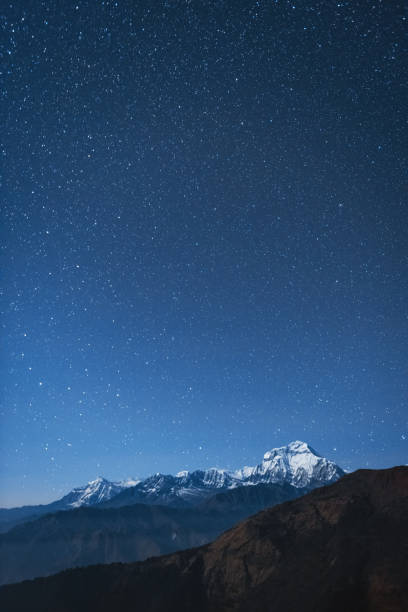 A view at night from Bayeli of Dhaulagiri I in the Nepal Himalayas at night.