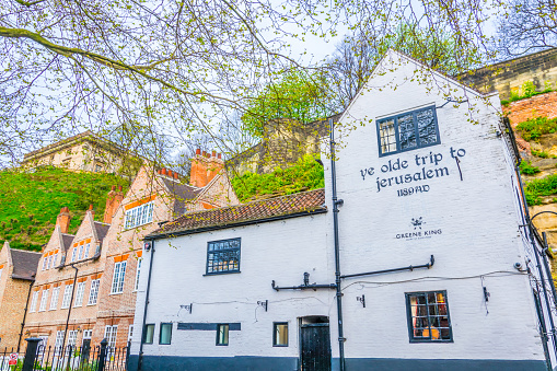 Nottingham, UK, April 11, 2017: Ye Olde trip to Jerusalem inn is the England oldest pub, Nottingham