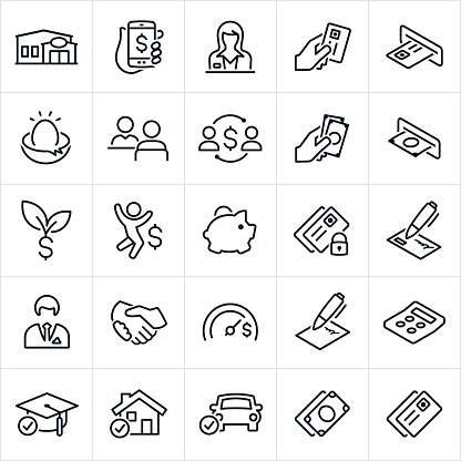A set of banking and finance icons. The icons include a bank, credit union, online banking, mobile banking, bank teller, credit card, cash, ATM machine, nest egg, loan officer, investment, savings, piggy bank, savings account, security, check, banker, handshake, goal, agreement, loan, calculator, education, home loan and car loan.