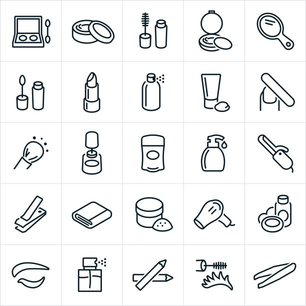 Cosmetics Icons An icon set of different cosmetics and makeups. The icons include eye shadow, cream, eye liner, powder, blush, mirror, lip gloss, lip stick, hair spray, lotion, hand cream, nail file, finger nail polish, deodorant, lotion, curling iron, nail clippers, towel, blow dryer, hair dryer, soap, shampoo, perfume and tweezers. eyeliner brush stock illustrations
