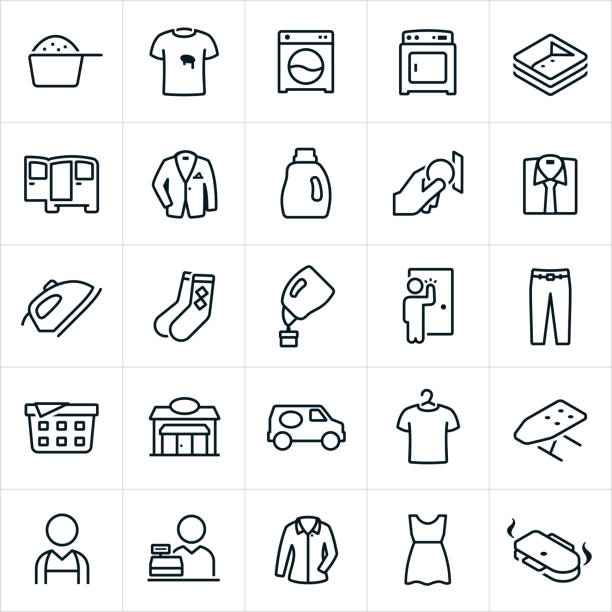 Laundromat and Drycleaning Icons A set of laundromat and dry-cleaning icons. The icons include a washing machine, drying machine, laundry, laundry detergent, stained shirt, clean cloths, delivery, suit coat, dress shirt, iron, socks, pickup, pants, storefront, delivery van, ironing board, worker, employee, cleaner and dress to name a few. iron laundry cleaning ironing board stock illustrations