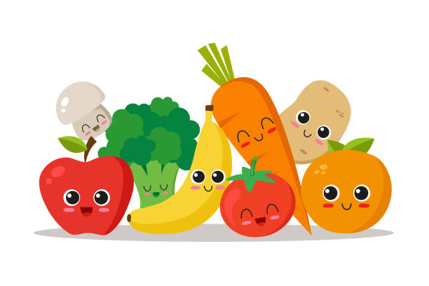 Vegetables and fruits character collection Cute, funny and happy vegetables and fruits. Character set. Vector illustration fruit stock illustrations