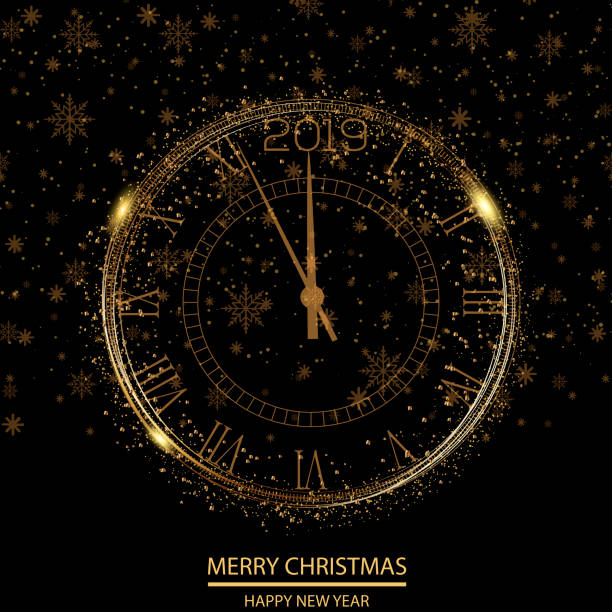 Happy New Year or Christmas greeting card with gold clock. Vector Happy New Year or Christmas greeting card with gold clock. Vector. clock borders stock illustrations
