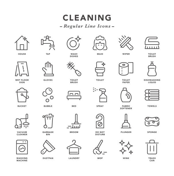 illustrations, cliparts, dessins animés et icônes de nettoyage - icônes de ligne régulière - lessive corvée domestique