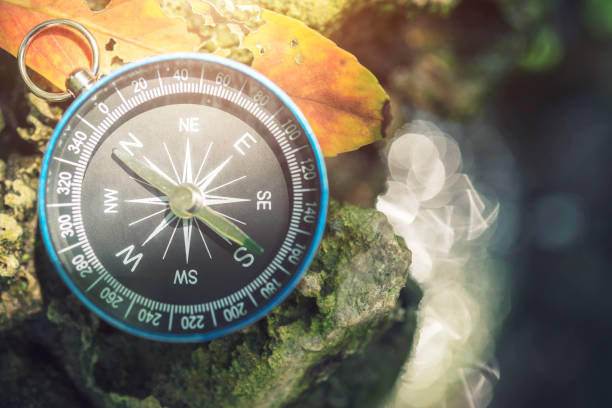 istock Travel background, compass on ground with leaf in nature with sunlight. Success concept. 1062382492