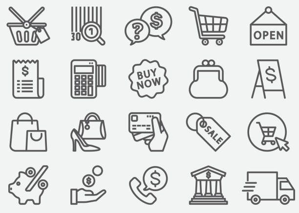 illustrazioni stock, clip art, cartoni animati e icone di tendenza di icone della linea shopping - cutting finance currency reduction