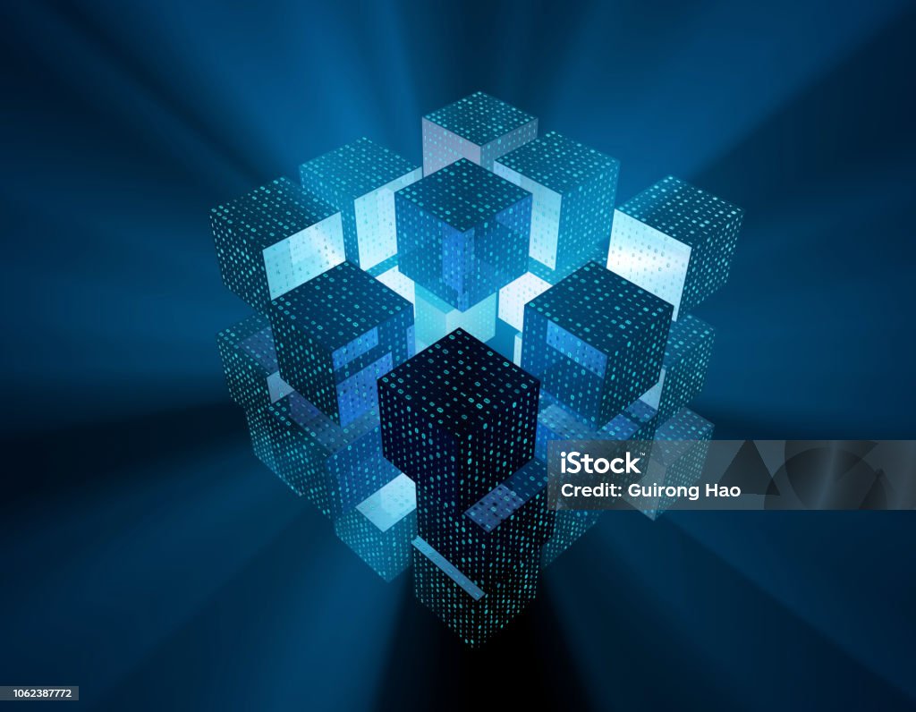 Future data cubes, data storage applications, technology network connectivity, binary network technology Three-dimensional illustrations, representing the future era of fintech data, can be used in any design. Cube Shape Stock Photo