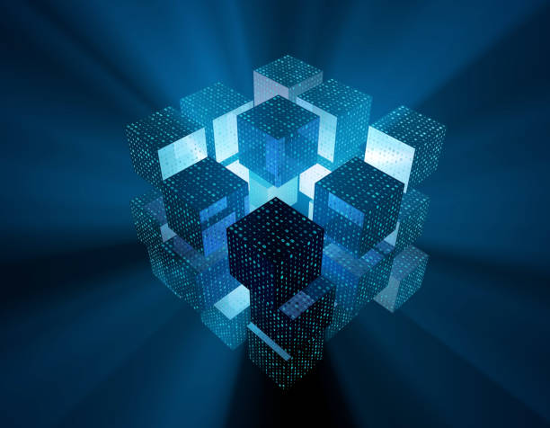 Future data cubes, data storage applications, technology network connectivity, binary network technology Three-dimensional illustrations, representing the future era of fintech data, can be used in any design. cube shape stock pictures, royalty-free photos & images