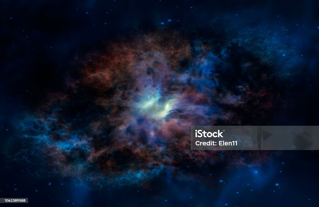 Landscape background of fantasy alien galaxy with glowing clouds and stars with light at the middle. The elements of this image furnished by NASA. Dark Stock Photo