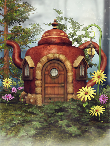 Fantasy teapot cottage on a green meadow among colorful spring flowers. 3D render.