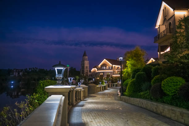 istock European small Town Night view 1062394980