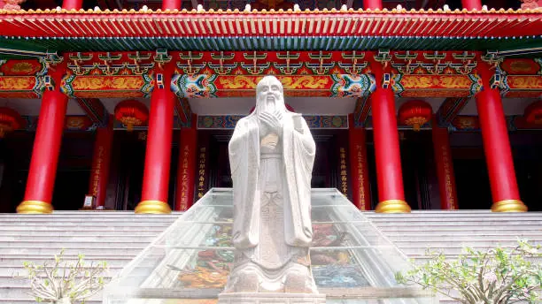 confucius statue with chinese historic traditional architecture background