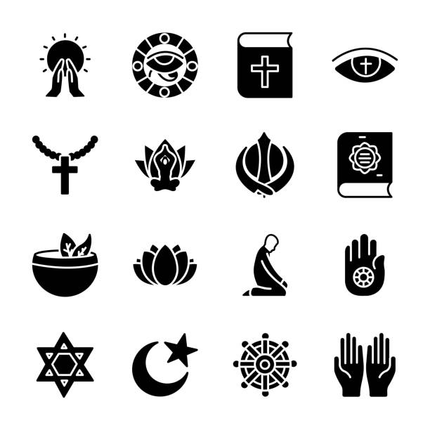 Pack Of Spiritual Elements Icons A sacred set of spiritual elements icons collection is providing you with the ancient and traditional religious symbols such as udaic symbol, traditional symbol, christian symbol, prayer mat, muslim element, om and so on. This is a holy pack to grab and utilize in related projects. dharmachakra stock illustrations