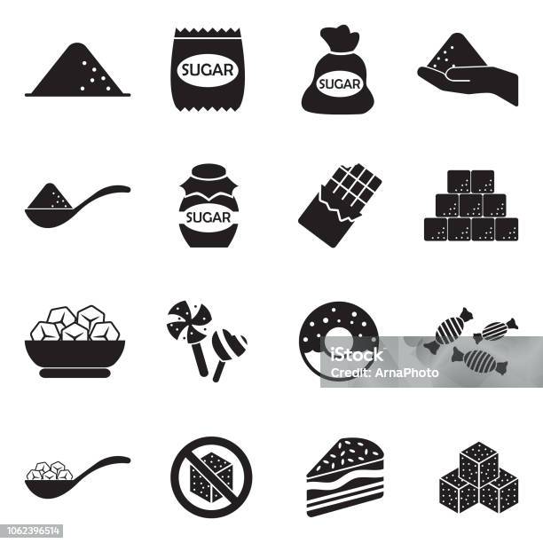 Sugar Icons Black Flat Design Vector Illustration - Arte vetorial de stock e mais imagens de Açúcar