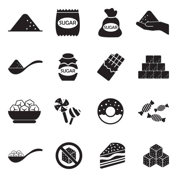 Sugar Icons. Black Flat Design. Vector Illustration. Diet, Cube, Sugar, Sweet sugar stock illustrations