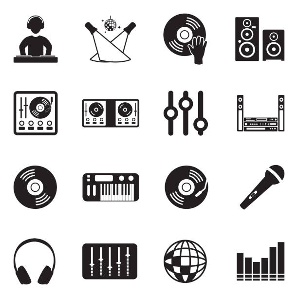 DJ Icons. Black Flat Design. Vector Illustration. Disco, Night club, Music, Sound dj decks stock illustrations