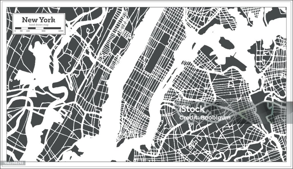 Mapa de la ciudad de los E.e.u.u. de Nueva York en estilo Retro. Mapa de contorno. - arte vectorial de Ciudad de Nueva York libre de derechos