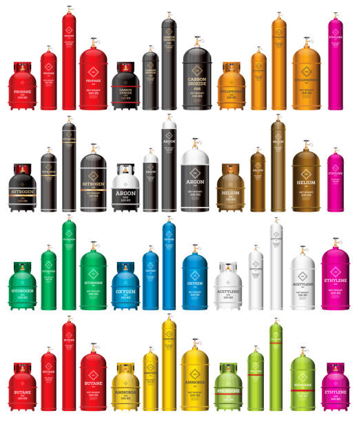 Gas Tank Cylinder Set Isolated on White. Gas Tank Cylinder Set Isolated on White. Vector Illustration. Containers and Balloons with Different Danger Gases. Nitrogen, Oxygen, Acetylene, Argon. gas cylinder stock illustrations