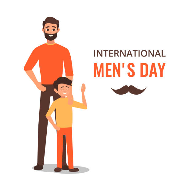 Happy International Men's Day.Dad with his son standing. Happy International Men's Day. Dad with his son standing.the parent put his hand on his son's shoulder. Tenderness and care son stock illustrations
