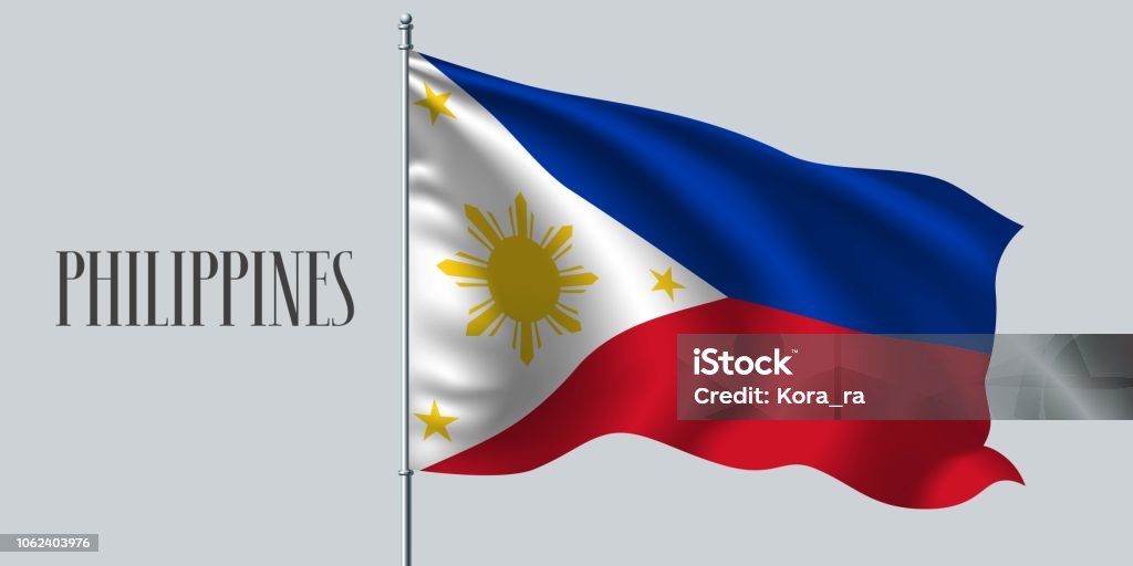 Philippines waving flag vector illustration Philippines waving flag on flagpole vector illustration. Red blue element of Pilipino wavy realistic flag as a symbol of country Asia stock vector