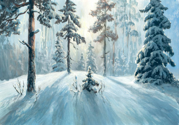 ilustrações, clipart, desenhos animados e ícones de óleo pintado floresta de inverno - christmas winter retro revival landscape
