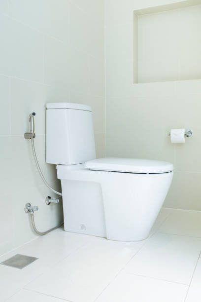 istock flush toilet with tissue paper hanging on the wall 1062419780
