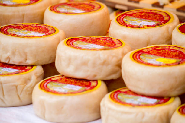 Close view of traditional portuguese sheep cheese on display.