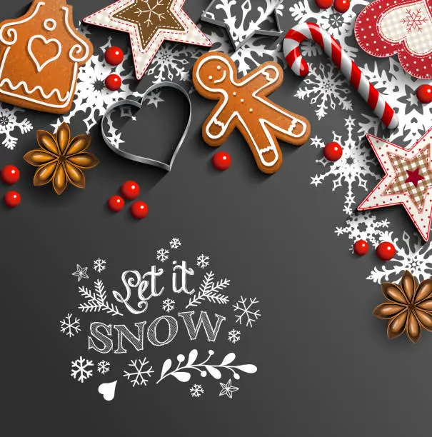 Vector illustration of Christmas background with cookies and ornaments and snowflakes