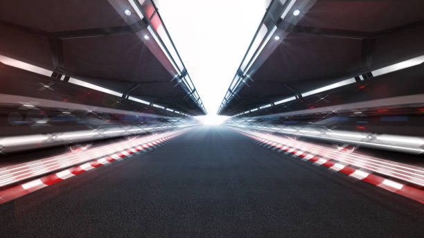 verlichte racebaan met glanzende lichten en bewegingsonscherpte - sportrace stockfoto's en -beelden