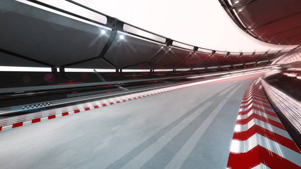 curved race track with speed motin blur racing sport background rendering 3D illustration motor racing track stock pictures, royalty-free photos & images
