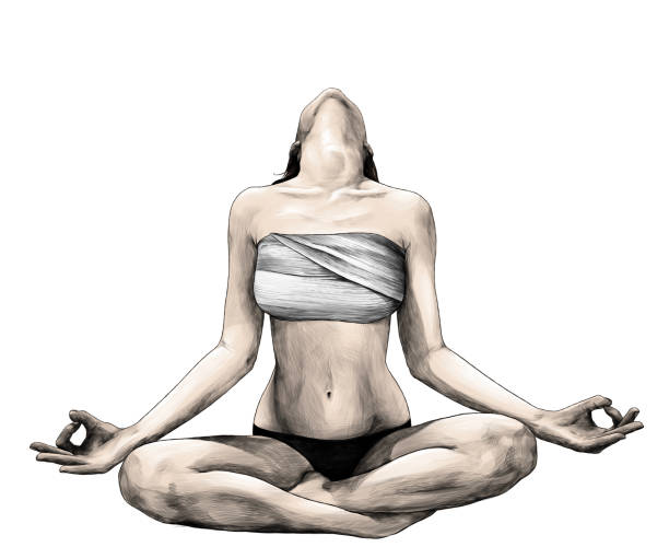 istock slender girl sitting in Lotus position with her head thrown back so you can not see her face in panties and chest wrapped with cloth 1062437026