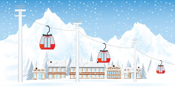 ilustrações de stock, clip art, desenhos animados e ícones de ski resort with cable cars or aerial lift . - house residential structure cable sun